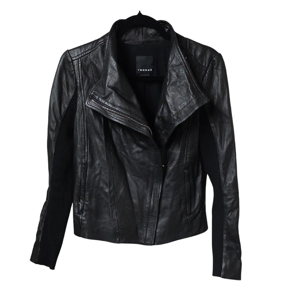 Trouve Black Authentic Leather Asymmetrical Zip Moto Jacket Womens Size Small